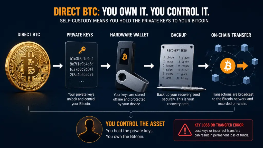 Direct BTC puts control of the asset and its transfer process with the holder or the chosen custodian.