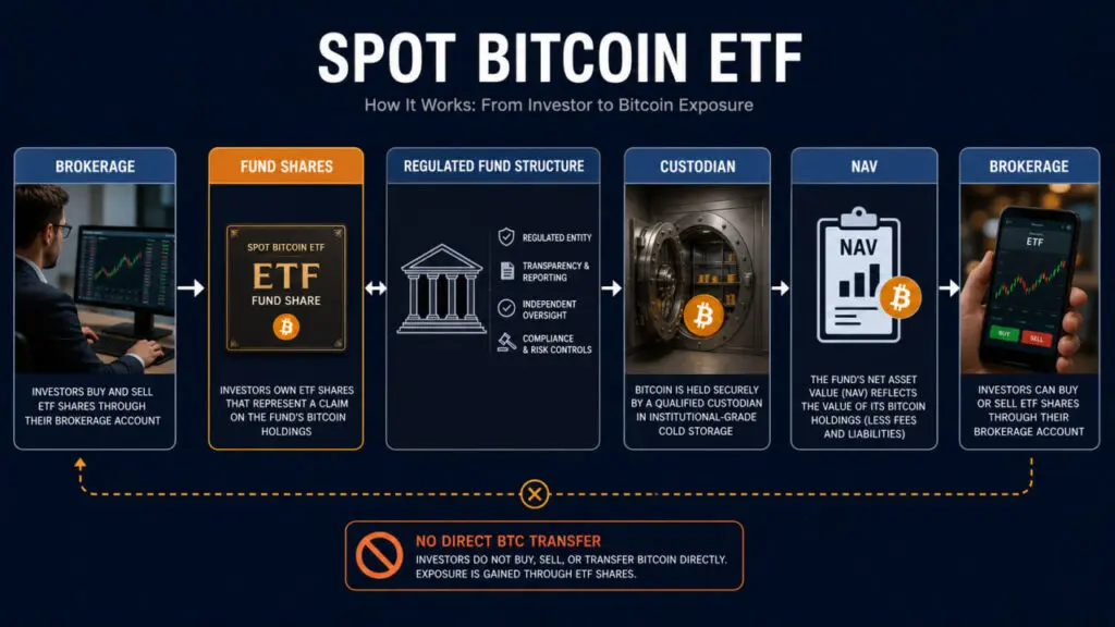 A spot Bitcoin ETF gives brokerage-based exposure to fund-held Bitcoin, but the holder owns ETF shares rather than transferable BTC.