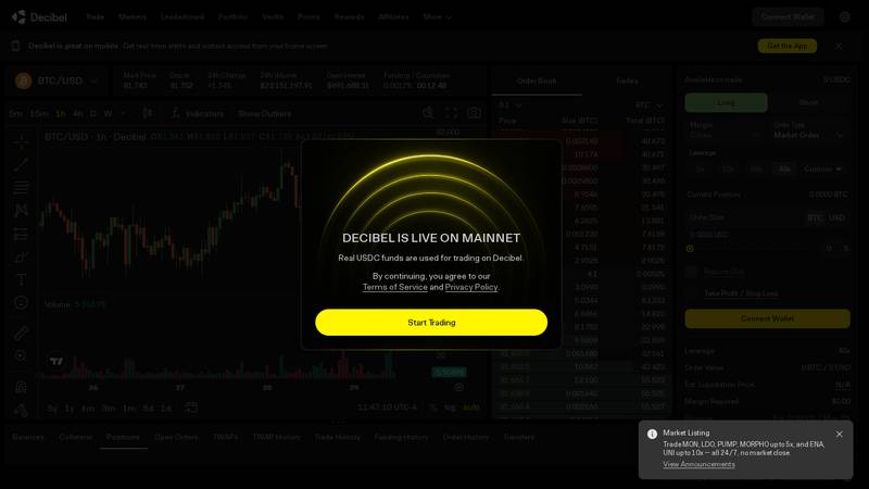 Decibel trade terminal with order controls visible behind the mainnet notice
