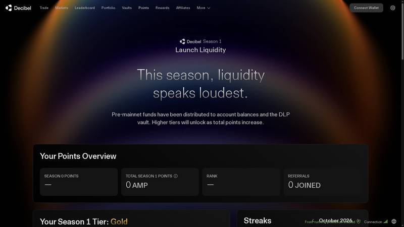 Decibel Season 1 Points page showing Launch Liquidity and the account overview